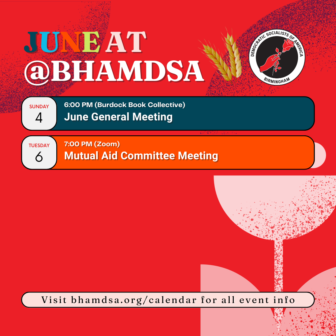 JUNE AT @BHAMDSA | Sunday, June 4, 6:00PM: General Meeting (Burdock Book Collective) | Tuesday, June 6, 7:00PM: Mutual Aid Committee Meeting (Zoom) | visit bhamdsa.org/calendar for all event info
