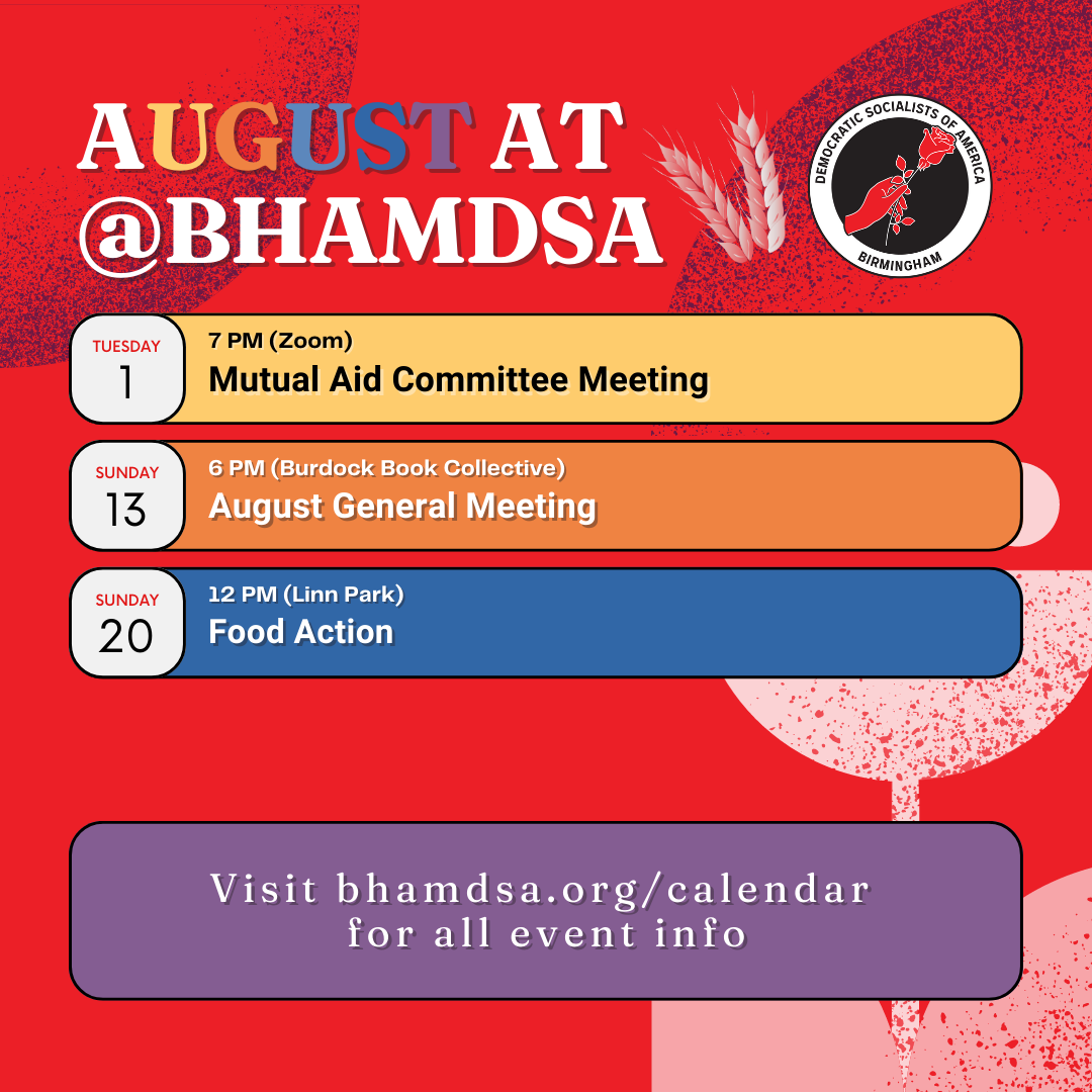 AUGUST AT @BHAMDSA | Tuesday, August 1, 7PM (Zoom): Mutual Aid Committee Meeting | Sunday, August 13, 6PM (Burdock Book Collective): August General Meeting | Sunday, August 20, 12PM (Linn Park): Food Action | visit bhamdsa.org/calendar for all event info
