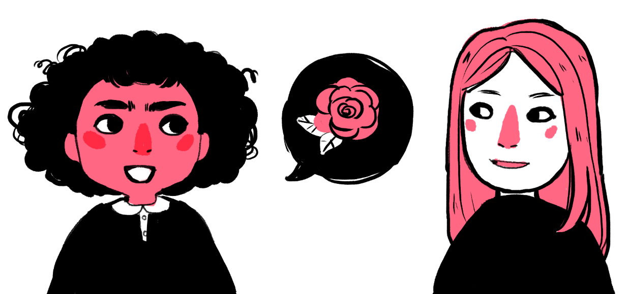 One hand-drawn person talks to another hand-drawn person about socialism, as represented by a pink speech bubble with a rose in it.